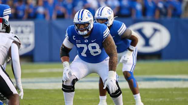 Brigham Young Cougars offensive lineman Kingsley Suamataia (78) prepares to block against the Texas Tech Red Raiders in the first half at LaVell Edwards Stadium.